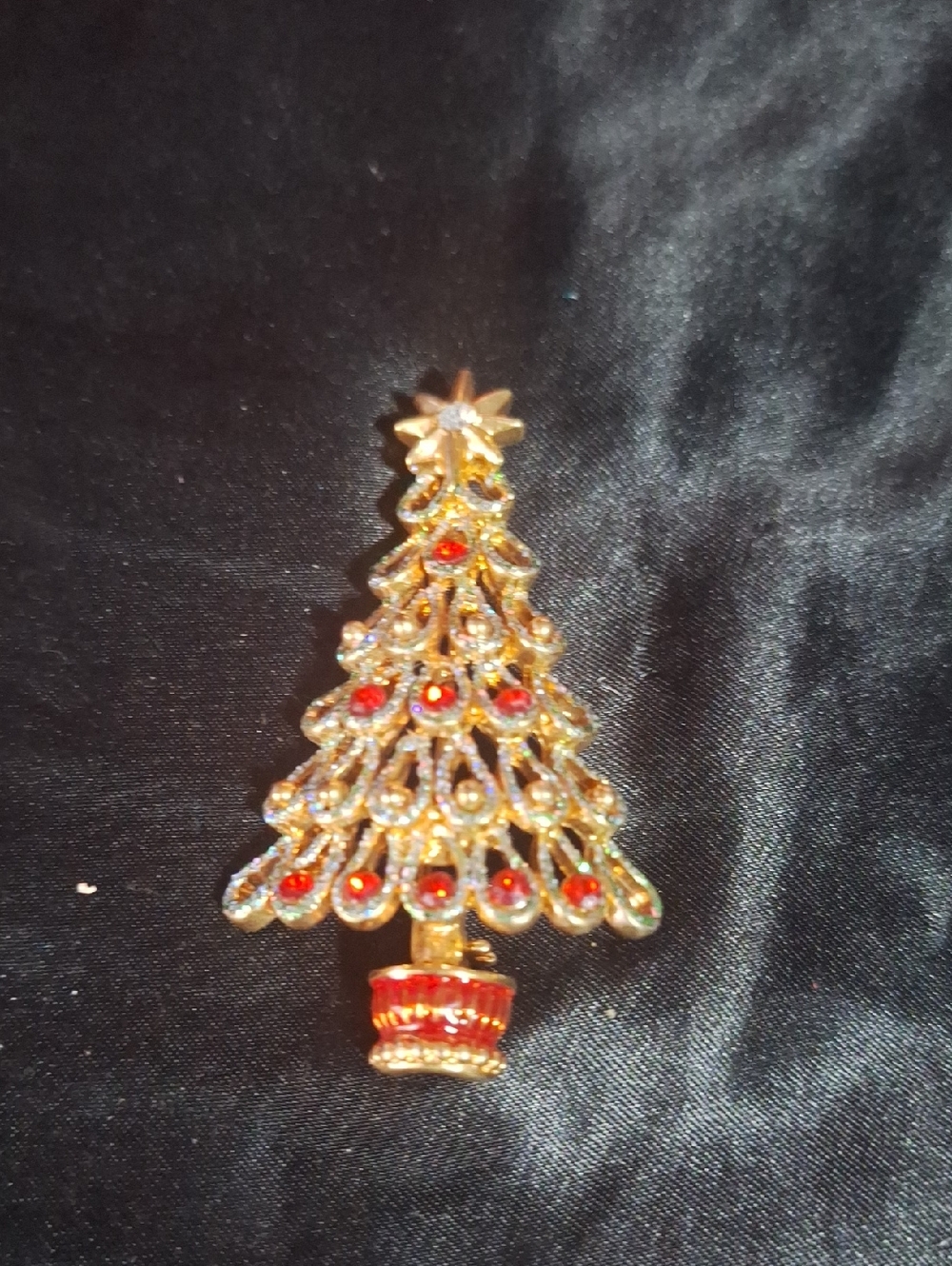 Gold and Red Crystal Christmas Tree Brooch - Women Jewelry